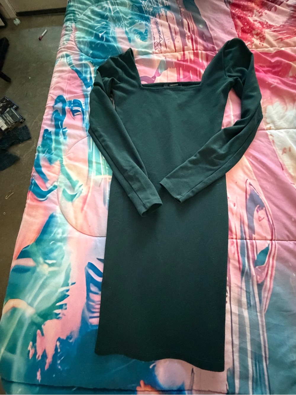 Forever 21 Dark Green Long Sleeve Square Neck Dress